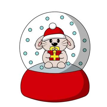 Snow globe with cute Rabbit with gift box in color Stock Illustration