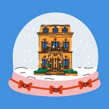 Snow globe featuring a charming yellow house and winter scene Illustrazione stock