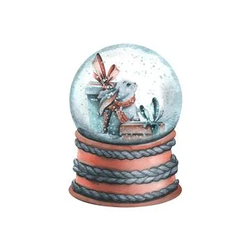 Snow globe with gift boxes and a cute bunny. Watercolor illustration, hand drawn イラスト素材