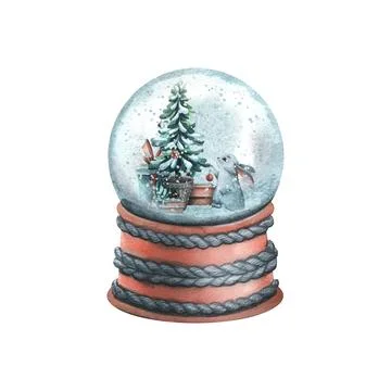 Snow globe with gift boxes, christmas tree and a cute bunny. Watercolor イラスト素材