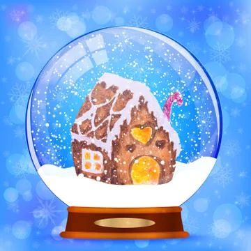 Snow globe with gingerbread house vector background Stock Illustration