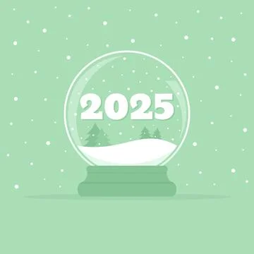 Snow globe with the number 2025 and fir trees on a green snowy background Stock Illustration