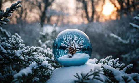 A snow globe with a pine cone inside is sitting on top of a snowy tree branch Stock-Illustration