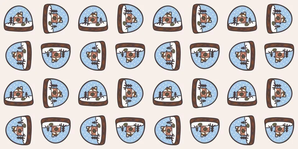Snow globe seamless pattern with cozy winter cottage. Festive holiday repea.. Stock Illustration