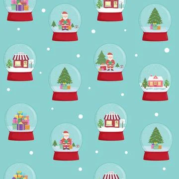 Snow globe seamless pattern. Winter wonderland scenes in a snow globe. Stock Illustration