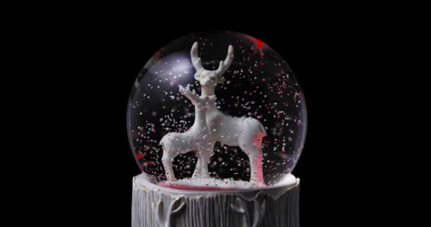 Snow globe with snow flakes and deers inside on black background. snowfall Stock Footage 145100729