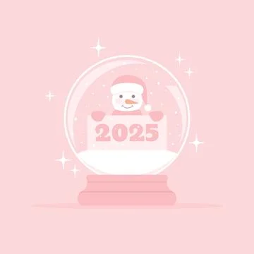 Snow globe with snowman inside holding banner with number 2025, pink vector Illustrazione stock
