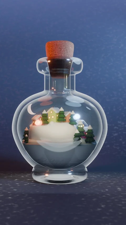Snow globe willage bottle design in glass, miniature trees and houses inside Stock Footage 323328512