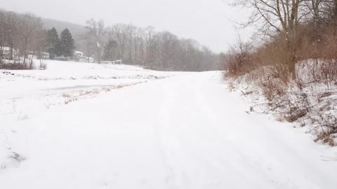 Snow hand held real time video, snow storm, extreme weather, winter frozen river Video stock 262379109