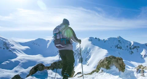 Snow Hiker Hiking Adventure Mountain Travel Outdoor Trekking Extreme Sport Cold Stock Footage