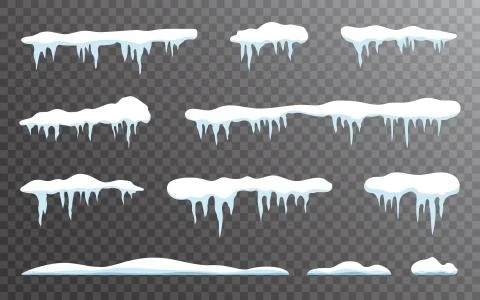 Snow icicles set on transparent backdrop. Snow caps collection. Snowdrift tem Stock Illustration