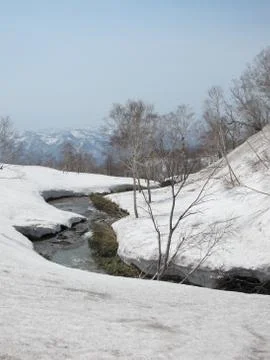Snow landscape with stream Foto stock