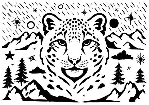 Snow leopard face with mountain and forest motifs in monochrome. Stock Illustration