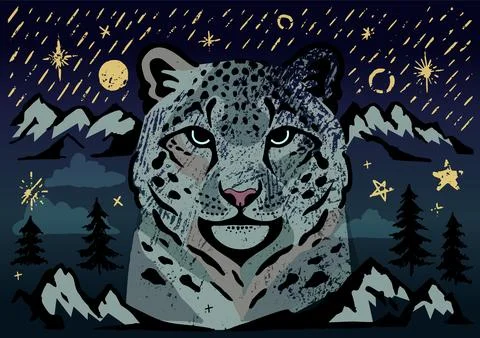 Snow leopard face with mountain and forest motifs. Vector modern flat illus.. Stock Illustration