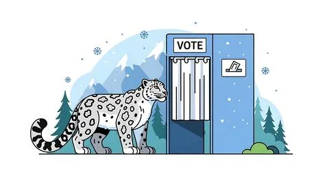Snow leopard near voting booth in winter landscape with mountains and trees. Ilustração Stock
