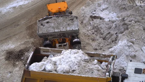 Snow loading by road machinery after heavy snowfall in residential block, Stock Footage 86259852