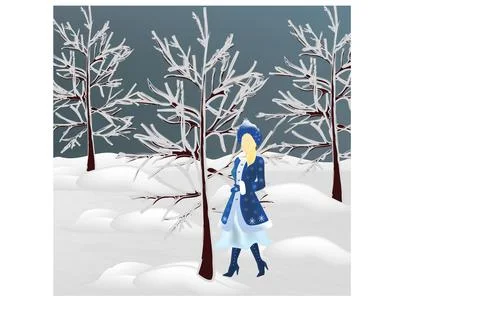 Snow maiden in winter forest Stock Illustration