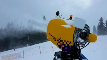 Snow making machine close up. Snow cannon in winter. Snow-gun Stock Footage 86067067