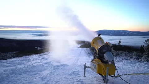 Snow making machine on piste at ski resort in snowy country. Stock Footage 146141589