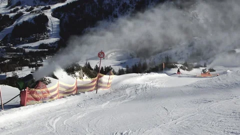 Snow making machine is working and makes artificial snow Video stock 141226406