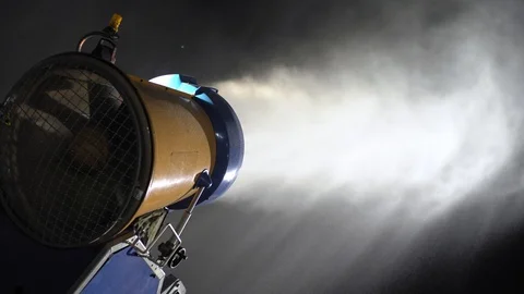 Snow making system in work at night. Snow cannon Video stock 97282619