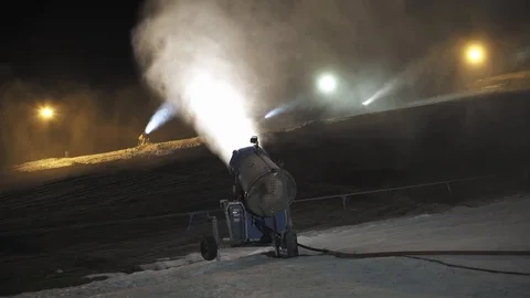 Snow making system in work at night. Snow cannon 스톡 동영상 97284434