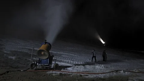 Snow making system in work at night. Snow cannon 스톡 동영상 97796341