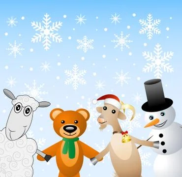 Snow man with beasts on a festive background Stock Illustration