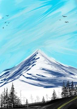 Snow Mountain and pine trees wallpaper background. Stock Illustration