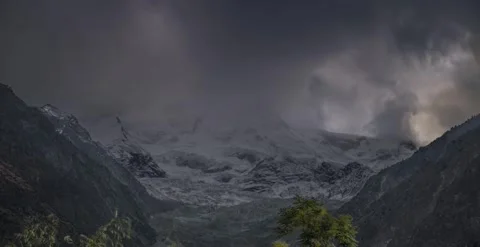 Snow mountain, clouds, trees timelapse Видео 247132923