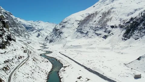 Snow Mountain Landscape Background with River Valley and Winter Nature Scene Video stock 332145173