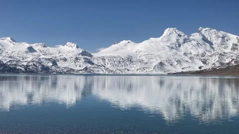 Snow Mountain Reflection on Crystal Blue Puma Yumco Lake Stock Footage 334774585