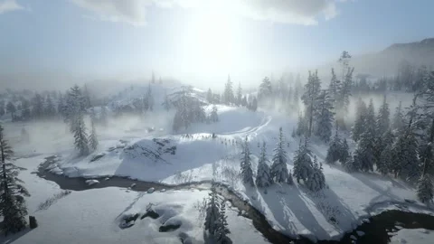 Snow mountain sun cloud river fog realtime Video stock 266076112