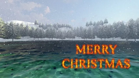 Snow over mountain with fire text,Merry Christmas Stock Footage 81352117