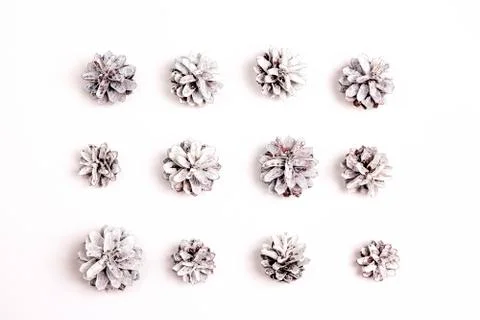 Snow painted pine cones pattern on white background. Top view, flat lay. Stock Photos