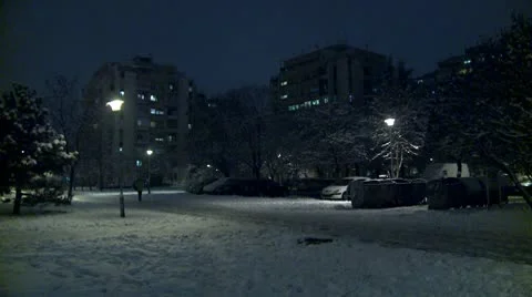Snow in a park during the night 2 Stock Footage 10734935