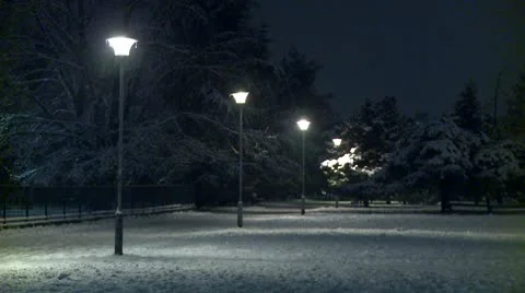 Snow in a park during the night 4 Stock Footage 10734907