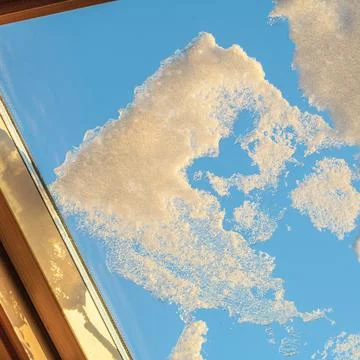 Snow pattern on window backdropped by sunset-illuminated blue sky Stock Photos