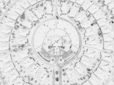 Snow plow clears the circular streets surrounding a home Stock Photos