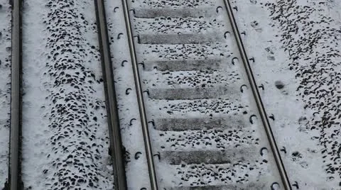 Snow on railway tracks close up Video stock 20489713