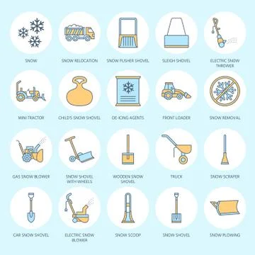 Snow removal colored flat line icons. Ice relocation service signs. Cold weather Illustrazione stock