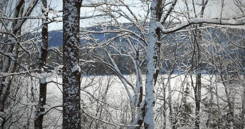 Snow on the River Pan Right Stock Footage 123678093
