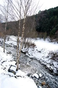Snow at the river Stock Photos