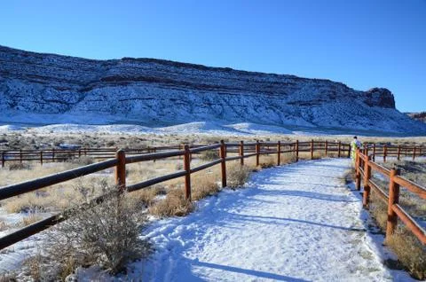 Snow road in Delicate Arch Viewpoint Stock Photos