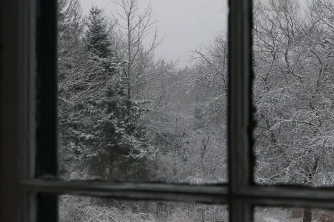 Snow Scene Outside Through a Leaded Glass Window Stock Footage 86039450