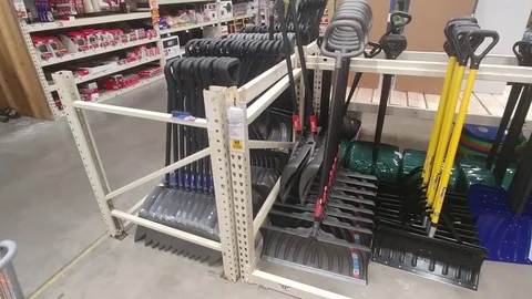 Snow Shovels - Interior of Hardware store - Home Depot Stock Footage 97418108