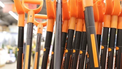 Snow shovels in store Stock Footage 121108258