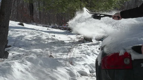 Snow Storm Dusting Off Car in Winter Cold Weather Stock Footage 303306246