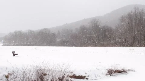 Snow storm empty park bench abstract lonly perspective Stock Footage 262379574
