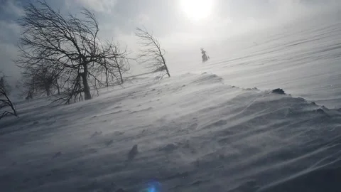 Snow storm in mountains, epic strong wind in polar region in winter, arctic Stock Footage